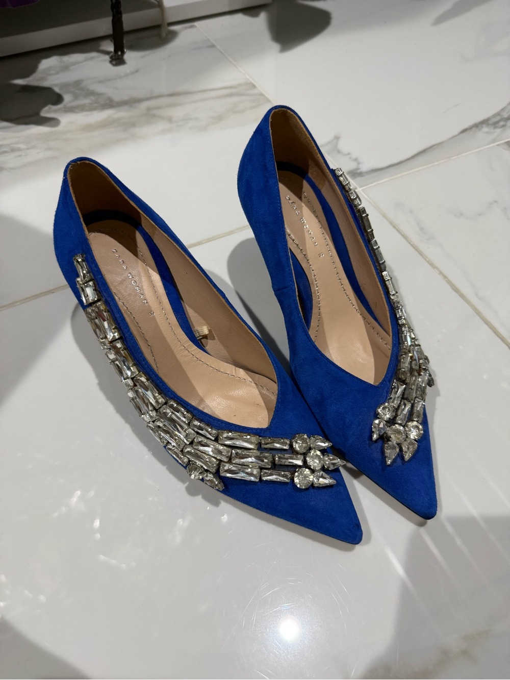 Zara Royal Blue Jeweled Pointed suade heels